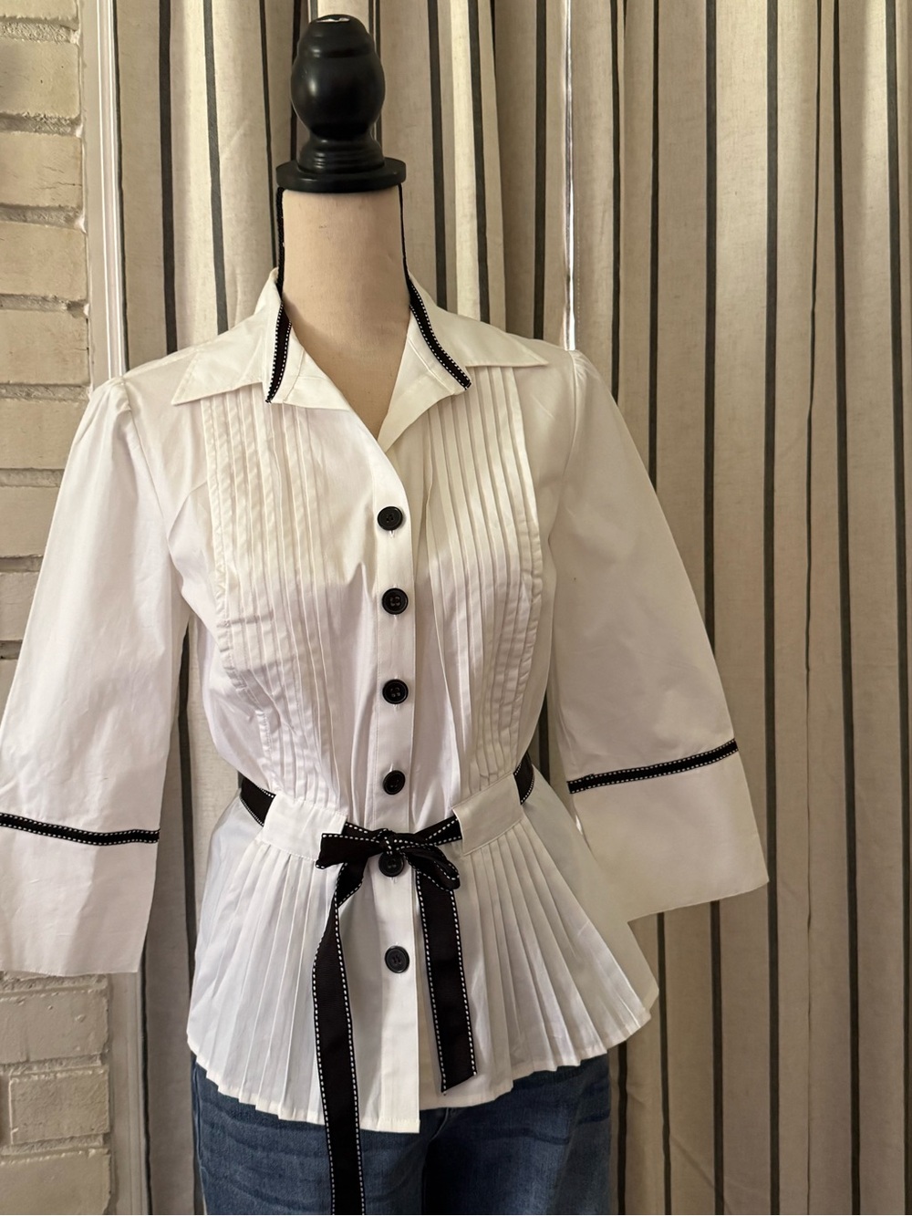 dressbarn White Button-Front Pleated Peplum Top with Black Trim - Picture 4 of 4